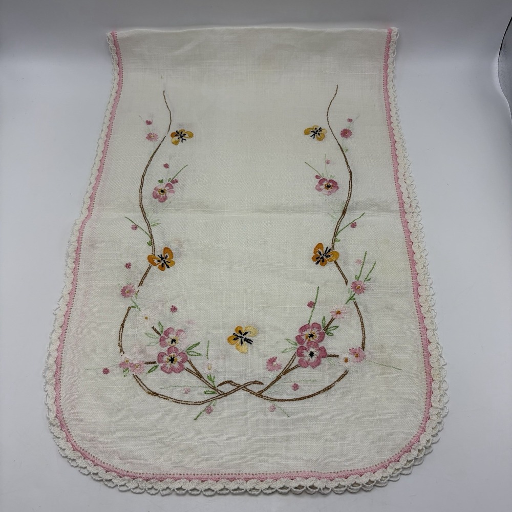 Vintage Pink Embroidered Table Runner Floral Cottagecore Easter Spring Read